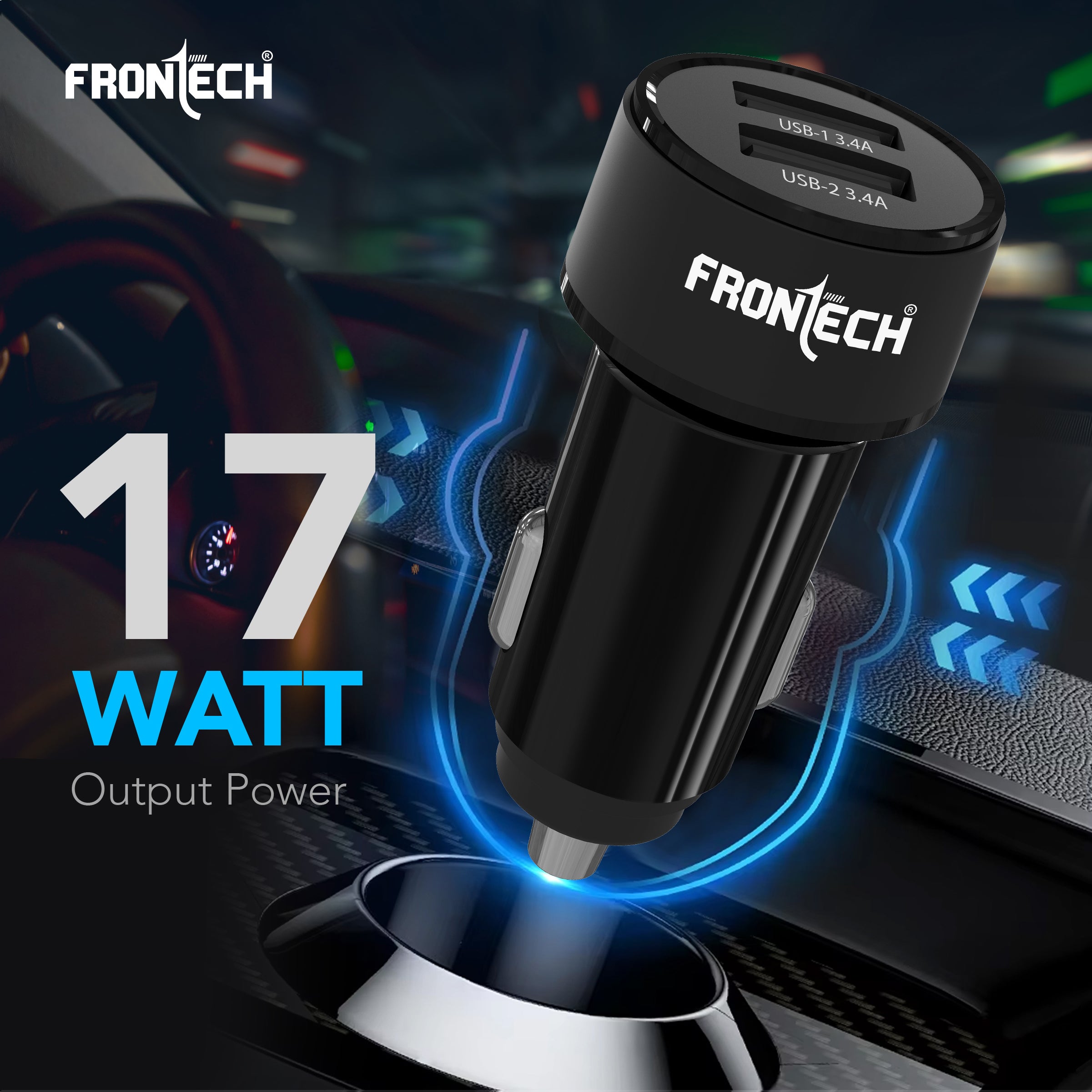 Frontech 17W Dual USB Car Charger with 1M Type-C Cable | Fast Charging (5V/3.4A) | Compact, Anti-Vibration Design | Charge 2 Devices Simultaneously (CCH-0008) Frontech 17W Dual USB Car Charger with 1M Type-C Cable | Fast Charging (5V/3.4A) | Compact, Anti-Vibration Design | Charge 2 Devices Simultaneously (CCH-0008)